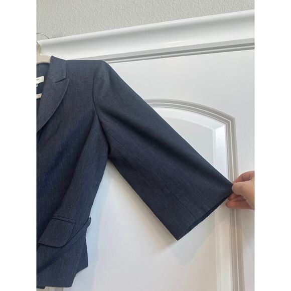 Loft Navy Blue Button Down Blazer, Elbow Length Sleeves Cotton Blend with Belt - Picture 6 of 7
